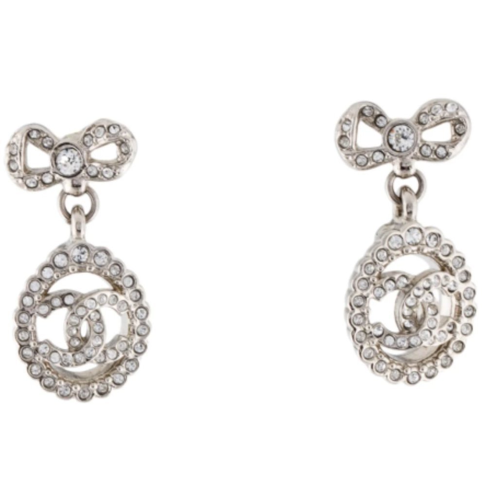 Chanel 2022 Crystal CC Bow Drop Earrings